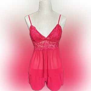 Sheer Red Lace-Trim Chemise & Short Set